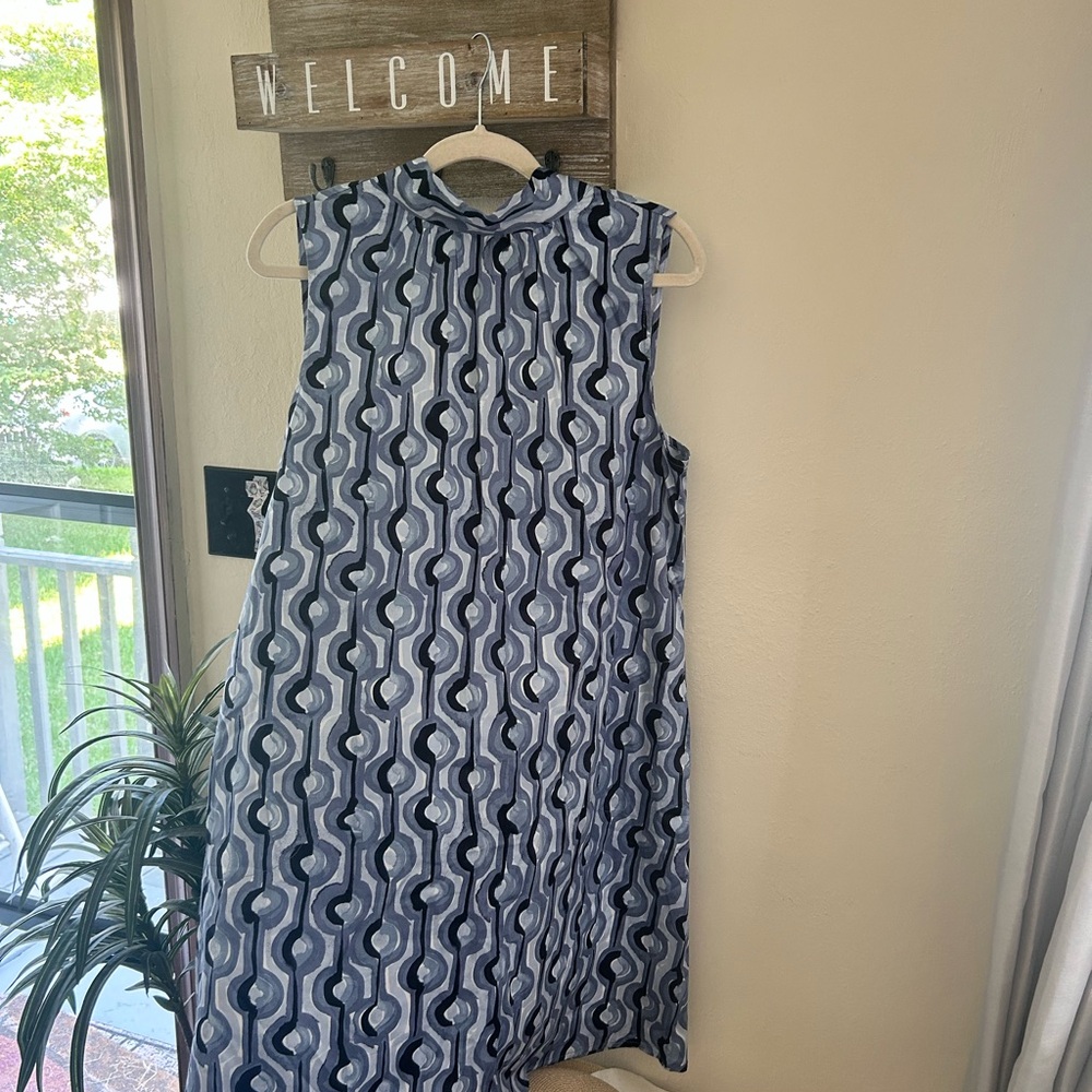 NIC+ZOE Blue and White Sleeveless A-Line Midi Dress